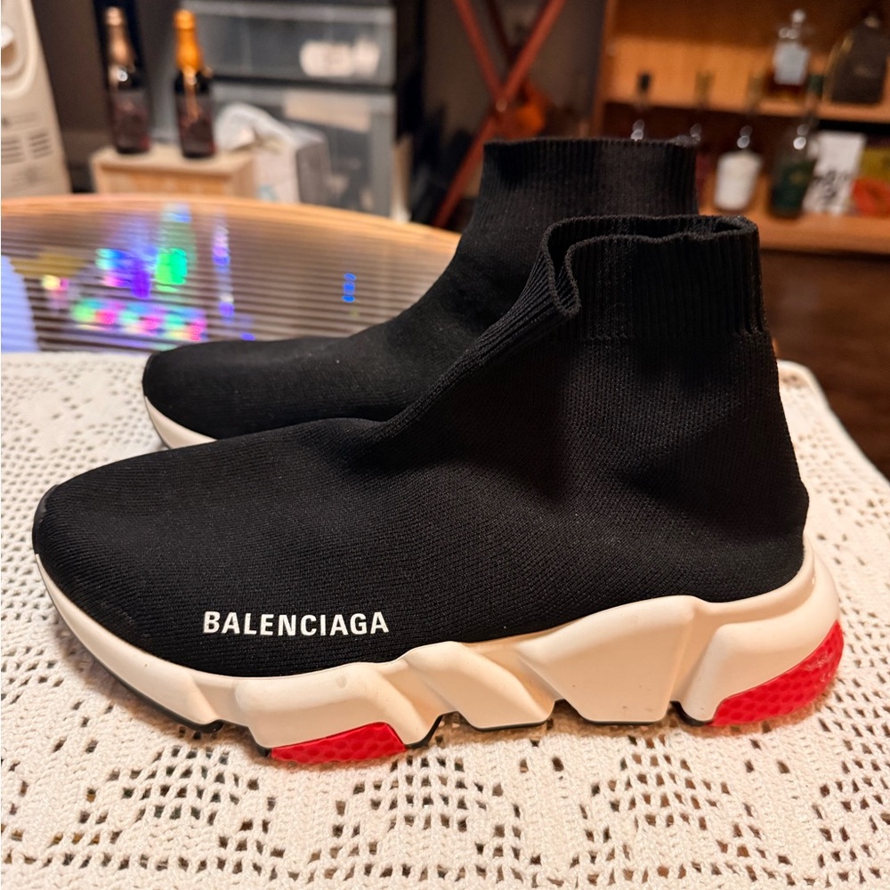 Balenciaga Black and White Sneakers with Red Soles